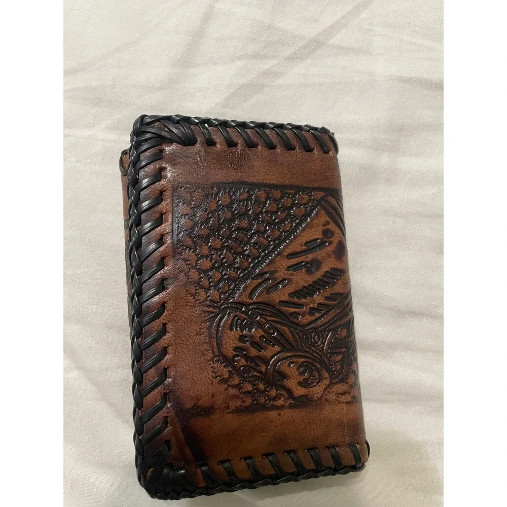 Unbranded Trifold Wallet Mens OS Brown Tooled Leather Floral Eagle Whipstitch